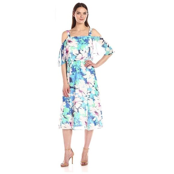 Nine West Midi Dress Tropical Floral Cold Shoulder Flutter Sleeve Womens Size 12 - Picture 1 of 10